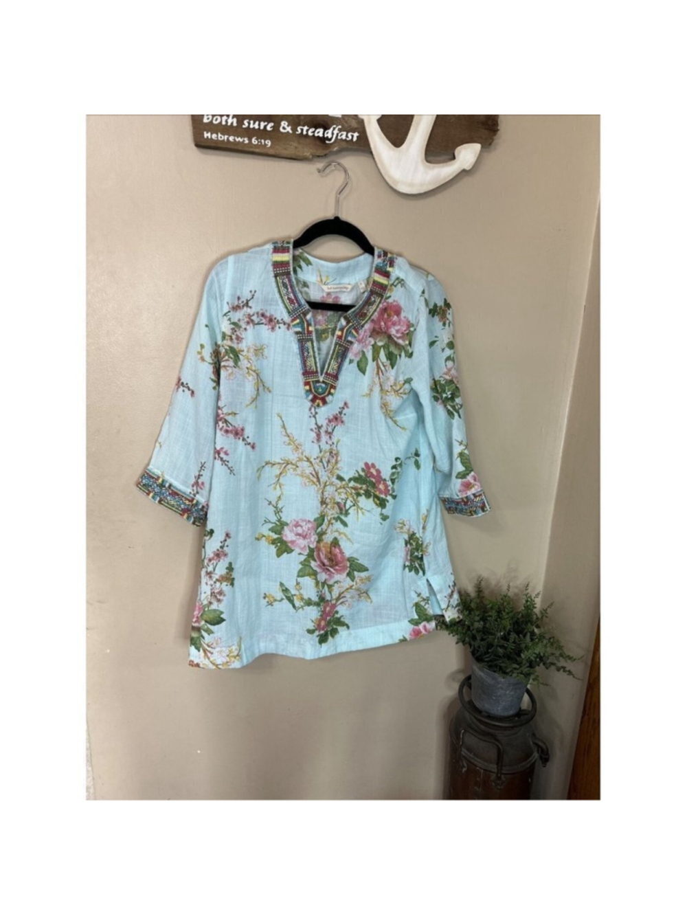 Soft Surroundings I1 Blue Floral Tunic Tribal Embroidery Trim 3/4 Sleeve S